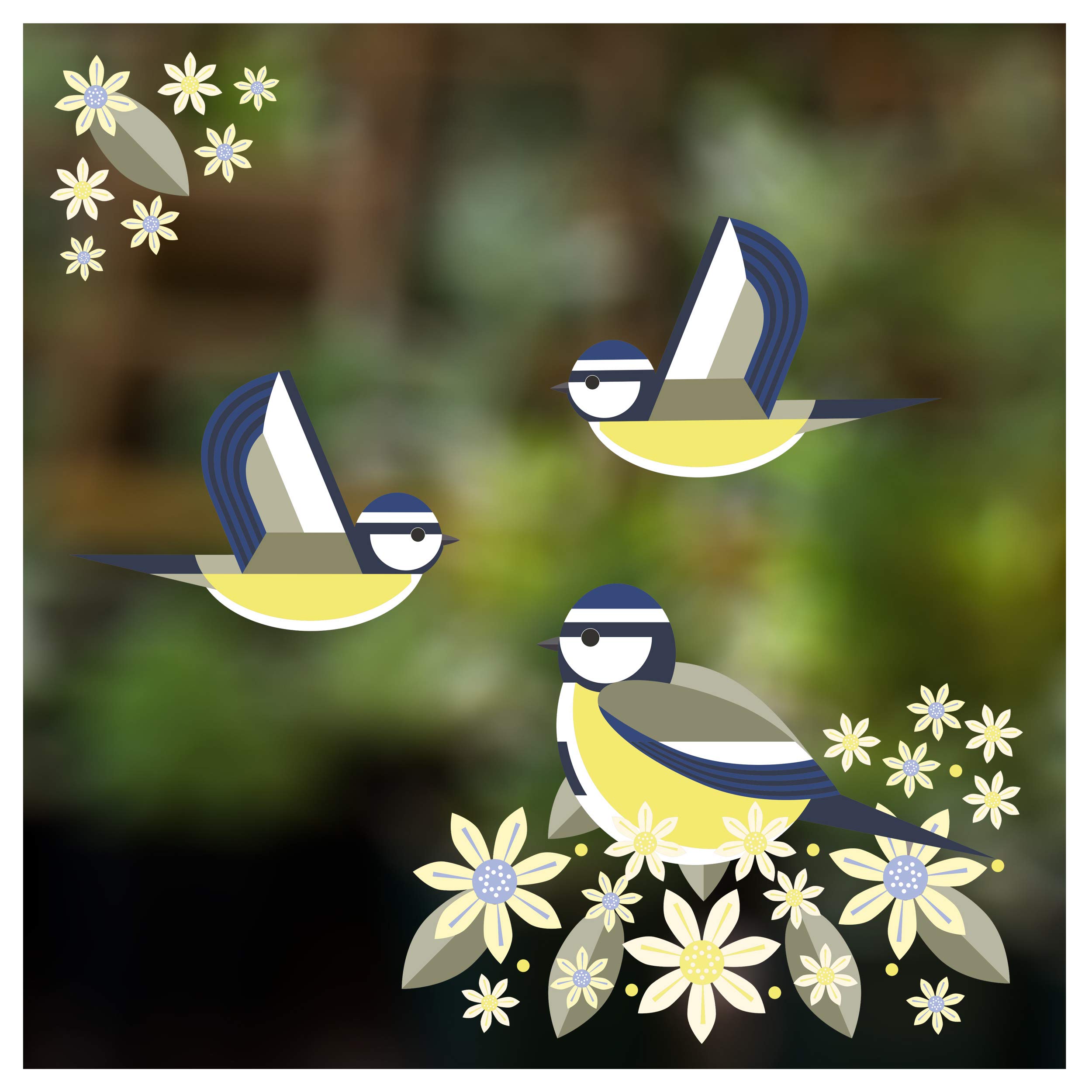 I Like Birds - Birds & Blooms Blue Tits Window Stickers - Set of 3 Decorative Glass Static Clings