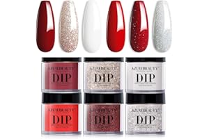 AZUREBEAUTY Dip Powder Nail Set, Christmas Red Burgundy Rose Berry Sparkle White Silver Glitter, 6 Colors Dipping Powder Starter Kit French Nail Art Manicure DIY Salon, No Need Nail Lamp Cured