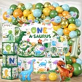 298Pcs Dinosaur 1st Birthday Decorations, All-in-One Set for 25 Guests | Easy setup, Includes tableware, backdrop, banner, balloon arch, party hat, and more for 1st birthday boy