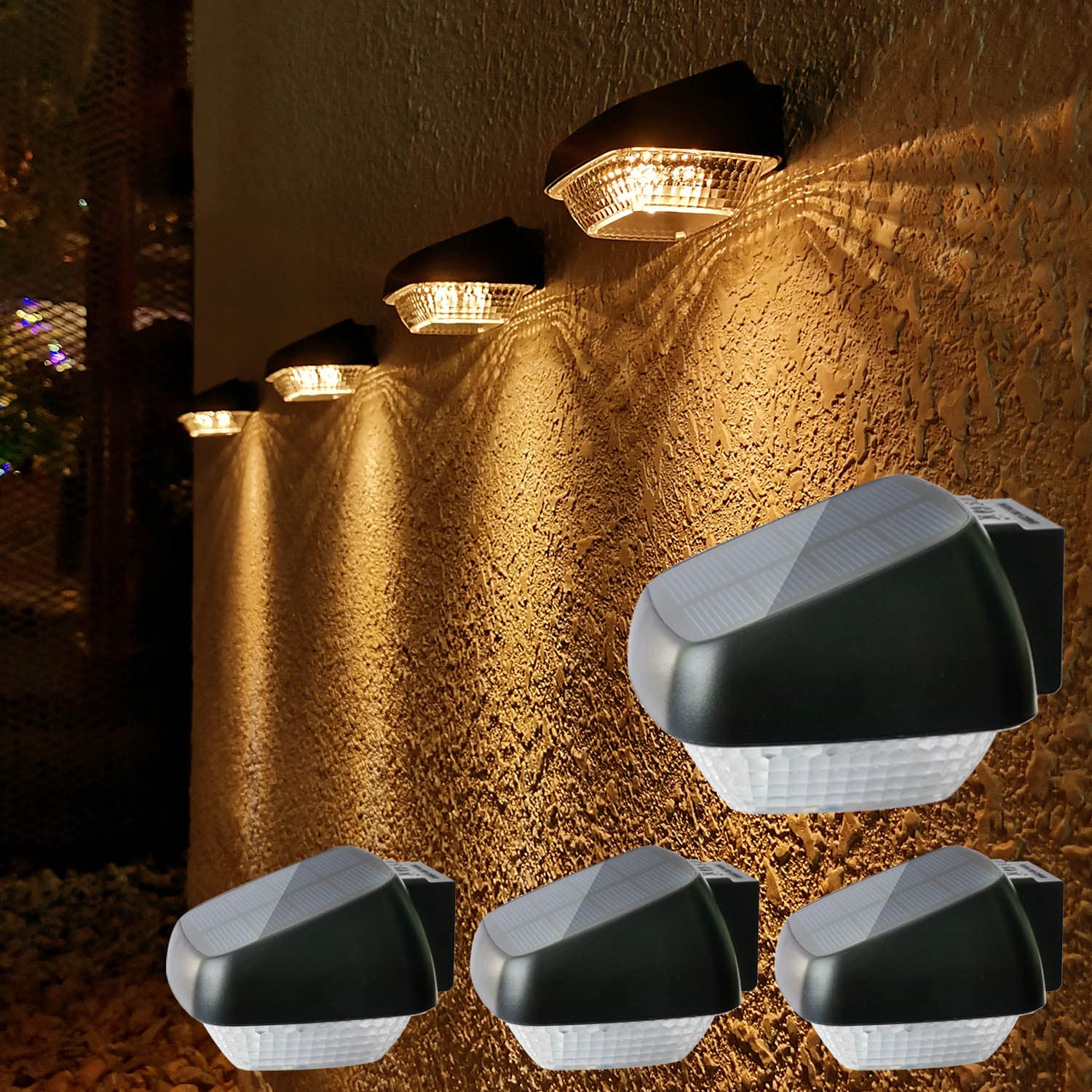Lacasa Solar Wall Light, Outdoor Solar Lights for Outdoor Garden, Pack of 4 Solar Fence Lights, Warm White, 2700 K with On/Off Switch, LED Solar Lights for Fence, Patio, Light All Night, IP65