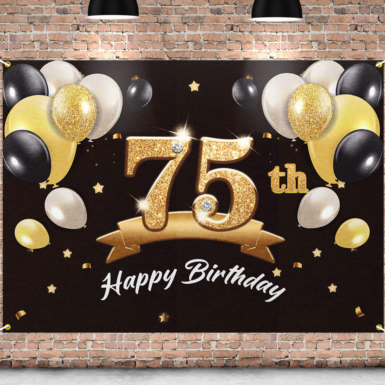 PAKBOOM Happy 75th Birthday Banner Backdrop - 75 Birthday Party Decorations Supplies for Men - Black Gold 4 x 6ft