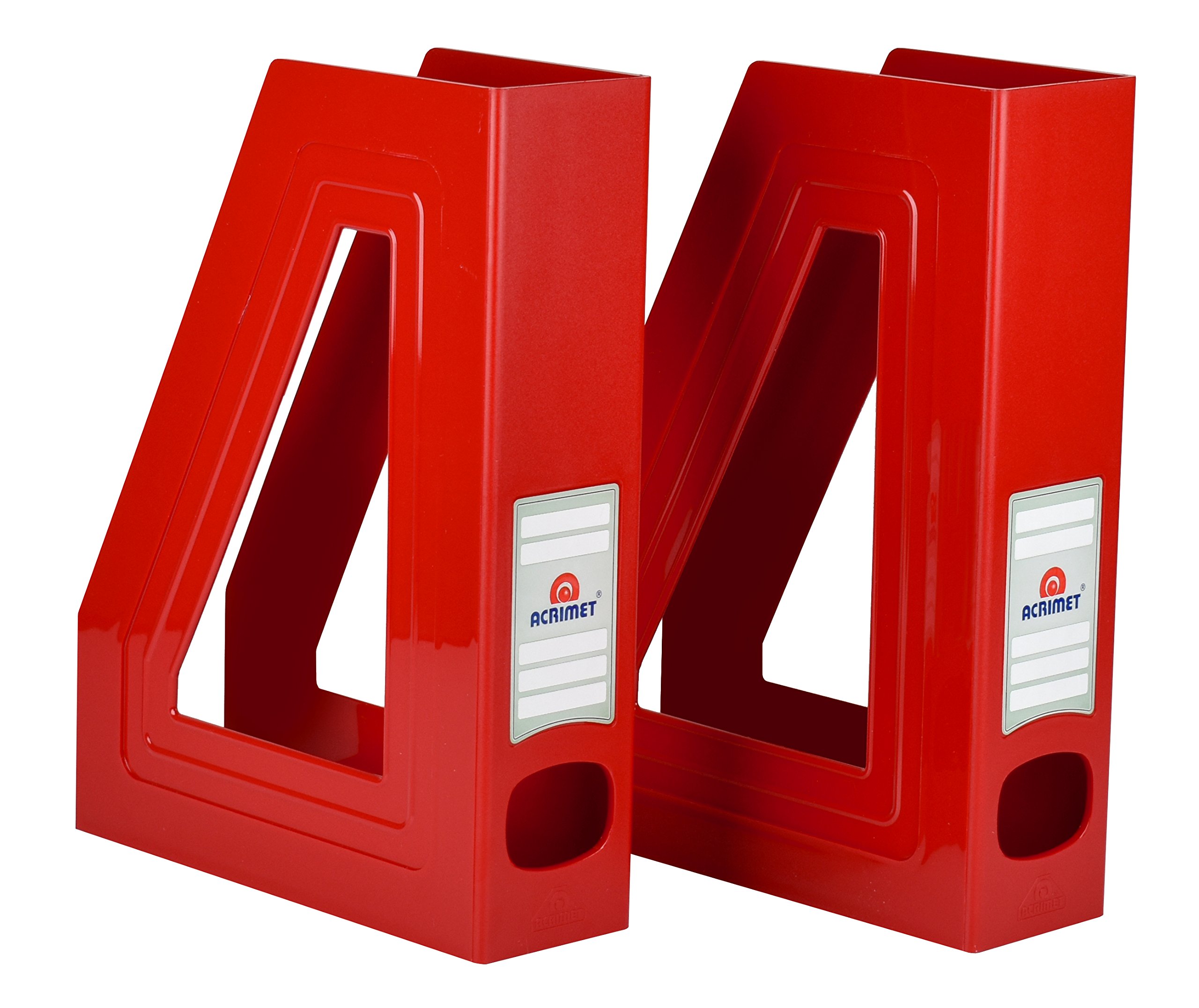 Acrimet Magazine File Holder – Vertical Rack for Documents, Folders and Mail, Durable Plastic Desk Organizer for Office & Home, Solid Red (2 Pack)
