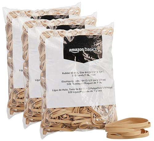 Amazon Basics Rubber Bands, Size 64 (1/4"), 320 Bands/1 lb Pack, 3-Pack, Tan