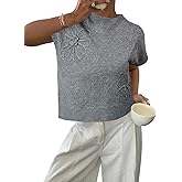 SOLY HUX Women's Short Sleeve Sweater 3D Floral Sweaters Pullover Tank Tops Knit Vest Trendy Fashion Clothing Light Grey Small