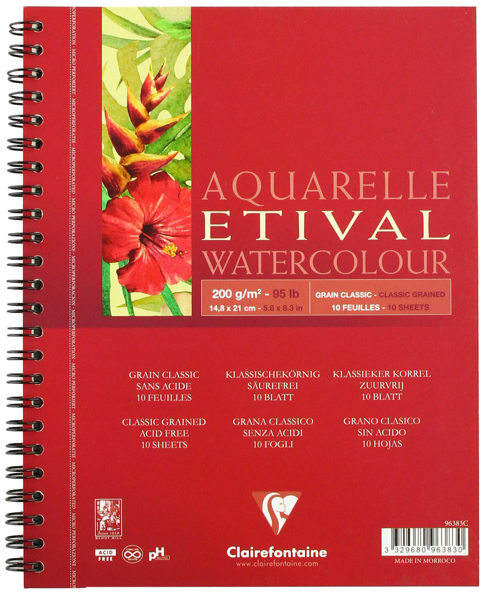 Clairefontaine - Ref 96383C - Etival Classic Grained Wirebound Watercolour Painting & Drawing Pad (10 Sheets of Paper) - A5 (21 x 14.8cm) - 200gsm Cellulose Art Paper