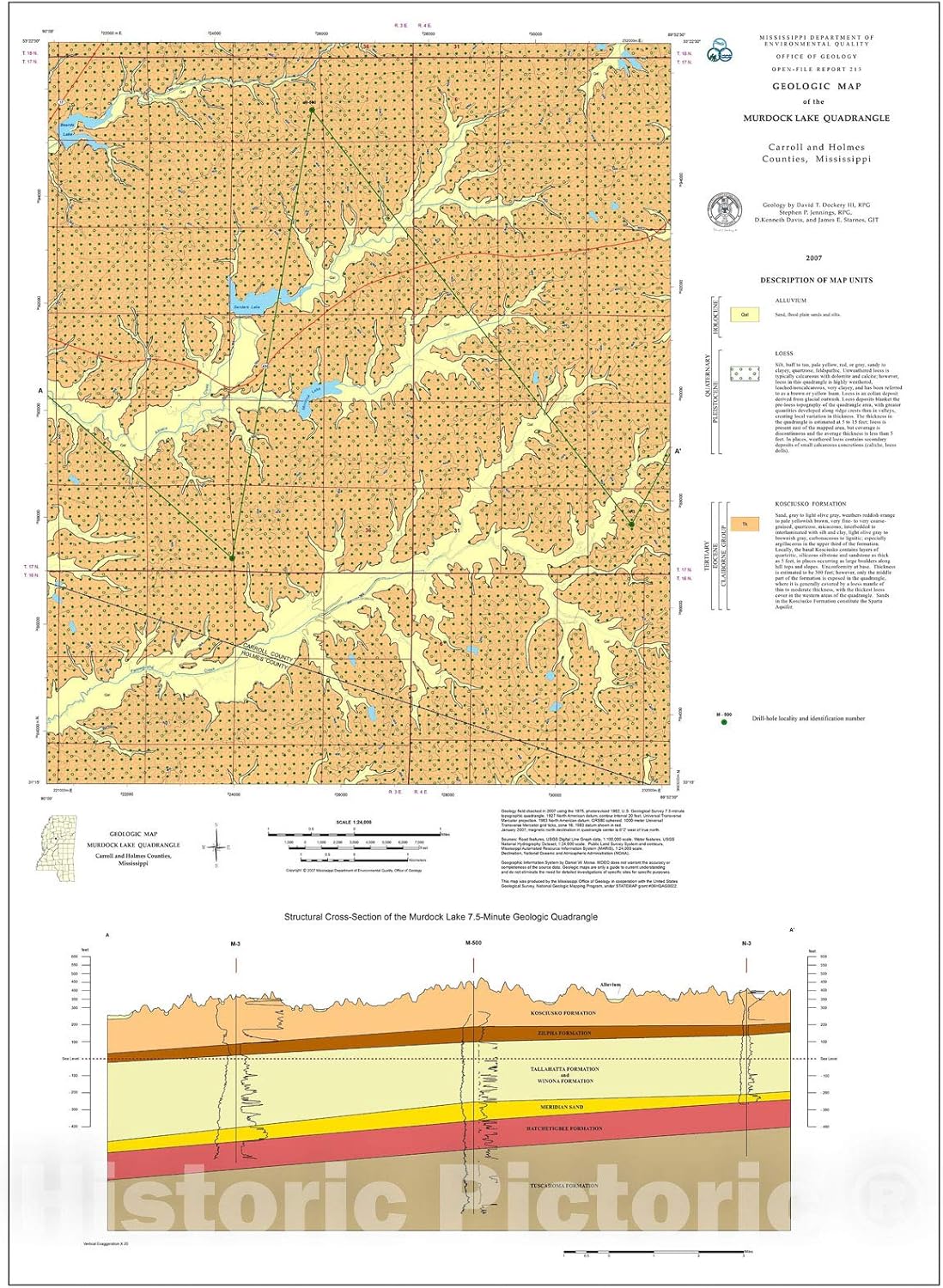 Historic Pictoric Map : Geologic map of The Murdock Lake Quadrangle, Carroll and Holmes Counties, Mississippi, 2007 Cartography Wall Art : 24in x 30in