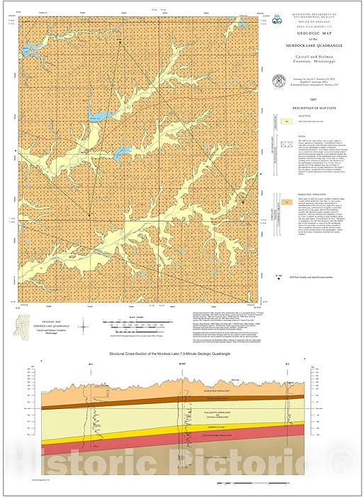 Historic Pictoric Map : Geologic map of The Murdock Lake Quadrangle, Carroll and Holmes Counties, Mississippi, 2007 Cartography Wall Art : 24in x 30in