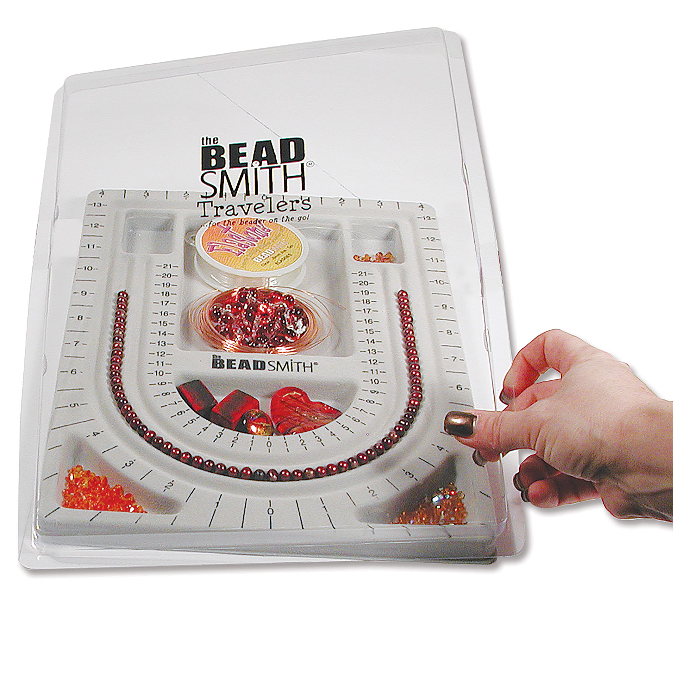The Beadsmith Bead Board with Cover, Grey Flocked, 3 U-Shaped Channels, 6 Recessed Compartments,13.25H x 9.75L inches, Design Boards for Creating Bracelets, Necklaces and Other Jewelry