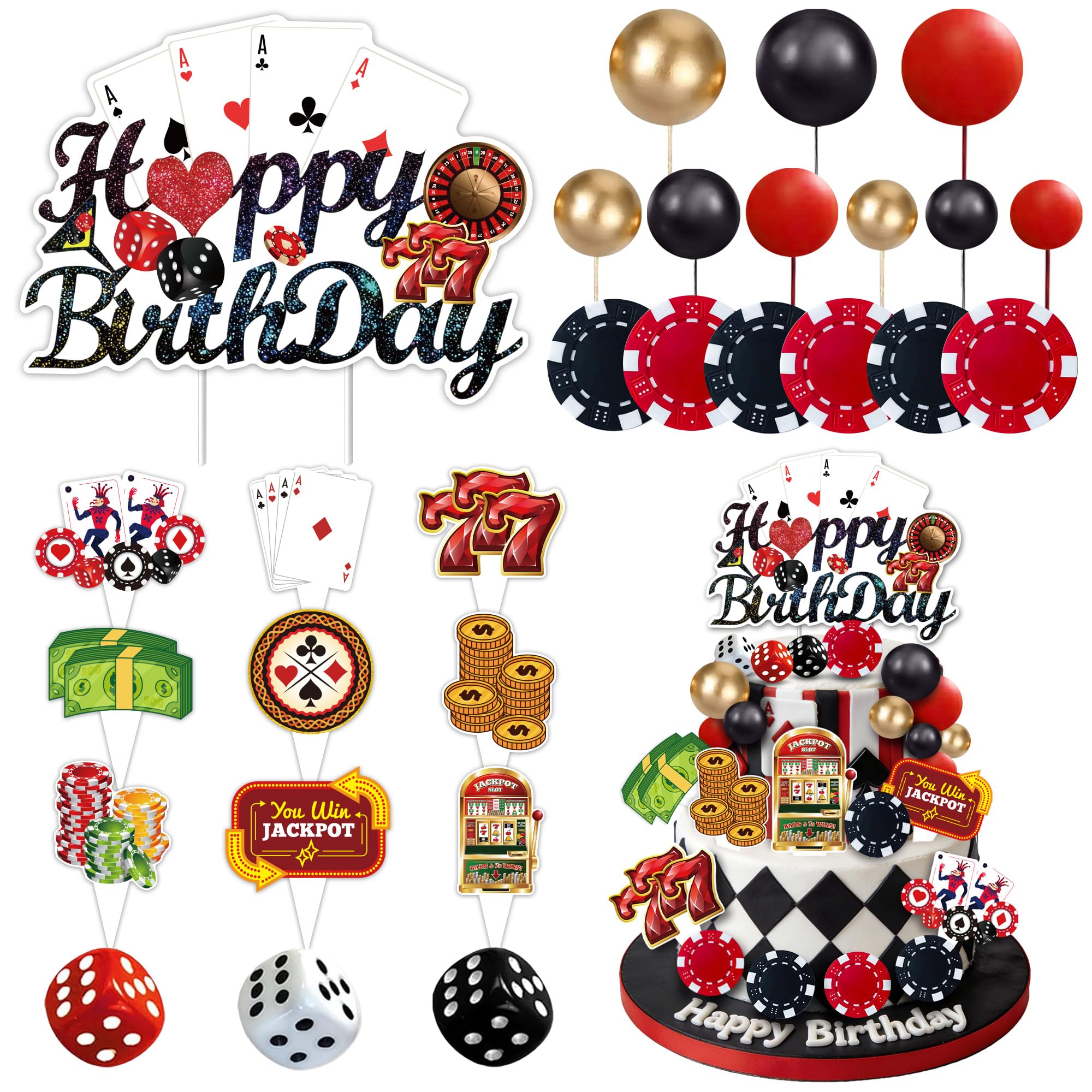 Photo 1 of 37Pcs Casino Cake Decorations, Dice, Chips, Slot Machines, Gold Coins Cupcake Toppers, Las Vegas Birthday Party Supplies