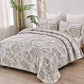 WONGS BEDDING Botanical Quilt Set California King Size, Khaki 3 Pieces Toile Floral Plants Printed Bedspread Bedding Set Soft Lightweight Microfiber Coverlet Set for All Season (112"×96")