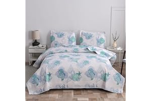 Oliven 3 Pcs Blue Green Coastal Quilt King Size Lightweight Summer Beach Bedspread Ocean Theme Conch Shell Bedding Soft Seashell Seaweed Starfish Coverlet Set Seaside Home Decor