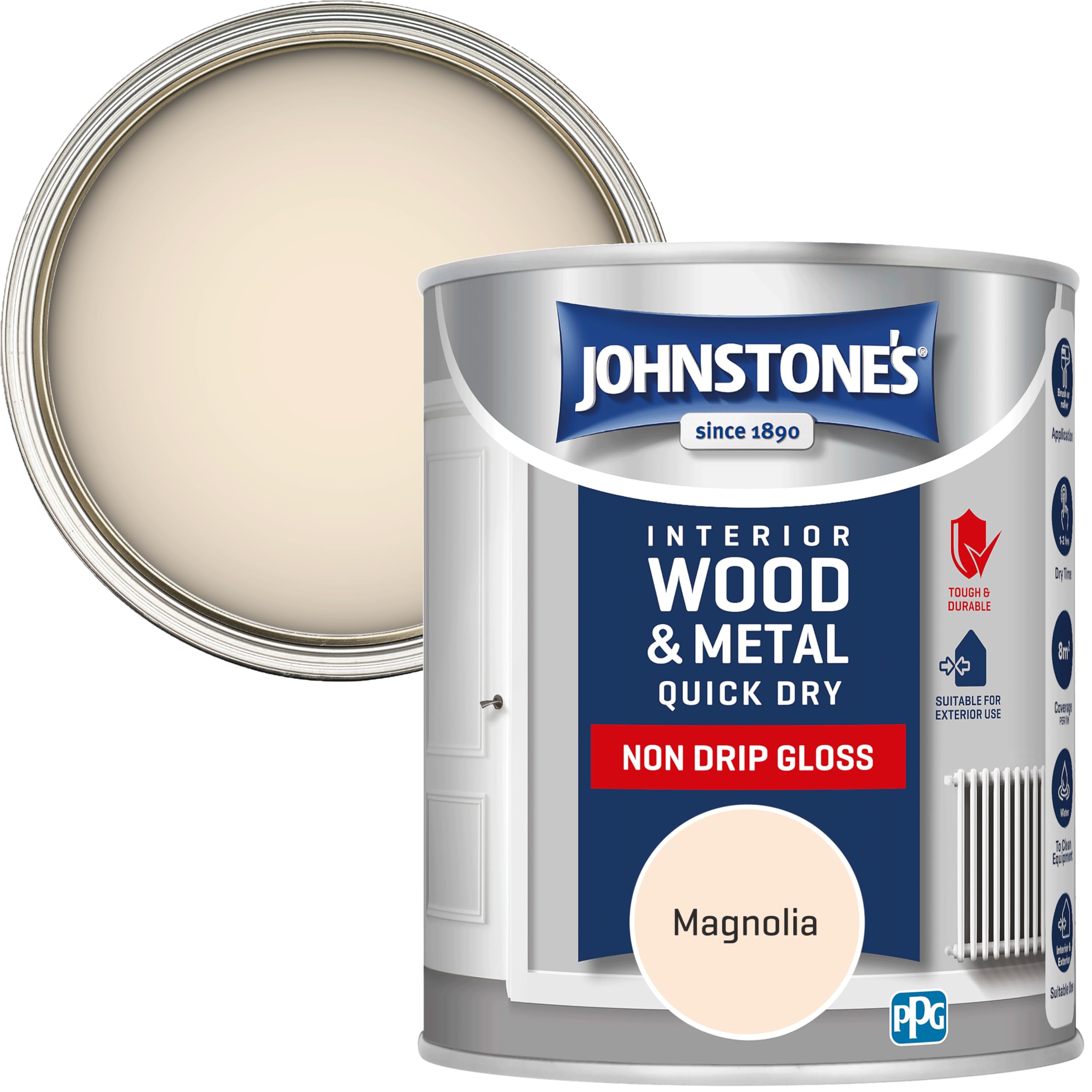 Johnstone's - Wood & Metal Paint - Gloss Finish - Magnolia - 750ml - Water Based - Non Drip & Quick Drying - Radiator Paint - Low Odour - Dry in 1-2 Hours - 8m2 Coverage per Litre