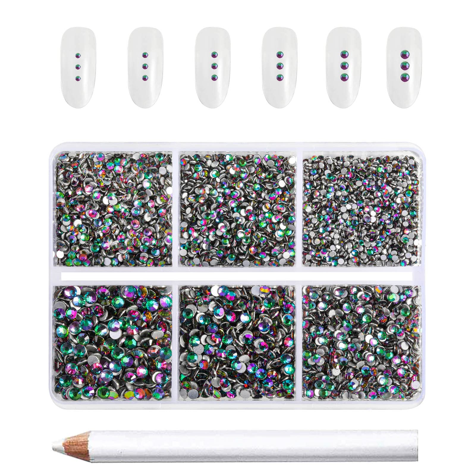 Beadsland 7200 Pcs Flatback Rhinestones for Nails,Green Round Small Crystal Rhinestones Gems for Crafts,Mixed 6 Sizes with Wax Pencil Kit,SS3-SS10,Green Volcano