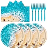 72 Pcs Ocean Waves Paper Plates Disposable Beach Party Birthday Dessert Plates Napkins Forks Tableware Set Summer Pool Party Decoration Supplies for Baby Shower Blue Ocean Hawaiian Birthday, Serve 24