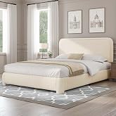BarnFurin Full Bed Frame, Cloud Boucle Headboard, Rounded Corners, Cream | Soft boucle and rounded edges create a low-profile cloud look. Wooden slats support the mattress without a box spring