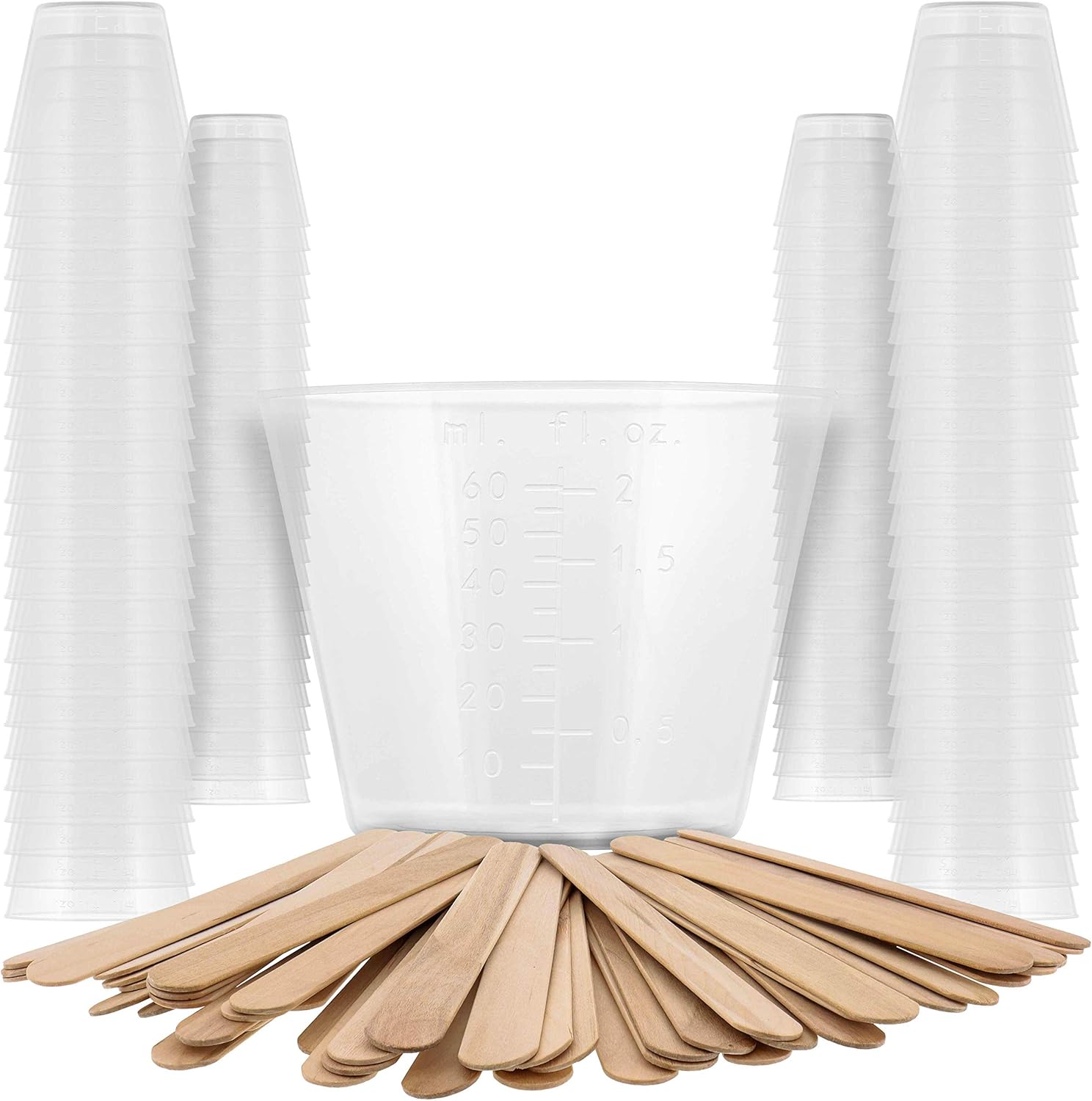 Pouring Masters 2 Ounce (60ml) Graduated Plastic Measuring Cups (100 Clear Cups & 25 Mixing Sticks) - For Acrylic Paint, Resin, Epoxy, Art, Kitchen, Cooking, Medicine, Laboratory - OZ, ML Measurements