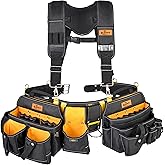 Aupofit Comfortable Tough Thick 7-Piece Tool Belt with Suspenders 32 Pockets and Loops,1680D Denier Fabric Heavy Duty Tool Belts with Carry Handles, Fits Waists 36-49In, Black and Yellow