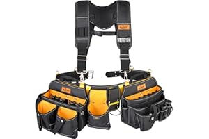 Aupofit Comfortable Tough Thick 7-Piece Tool Belt with Suspenders 32 Pockets and Loops,1680D Denier Fabric Heavy Duty Tool Belts with Carry Handles, Fits Waists 36-49In, Black and Yellow