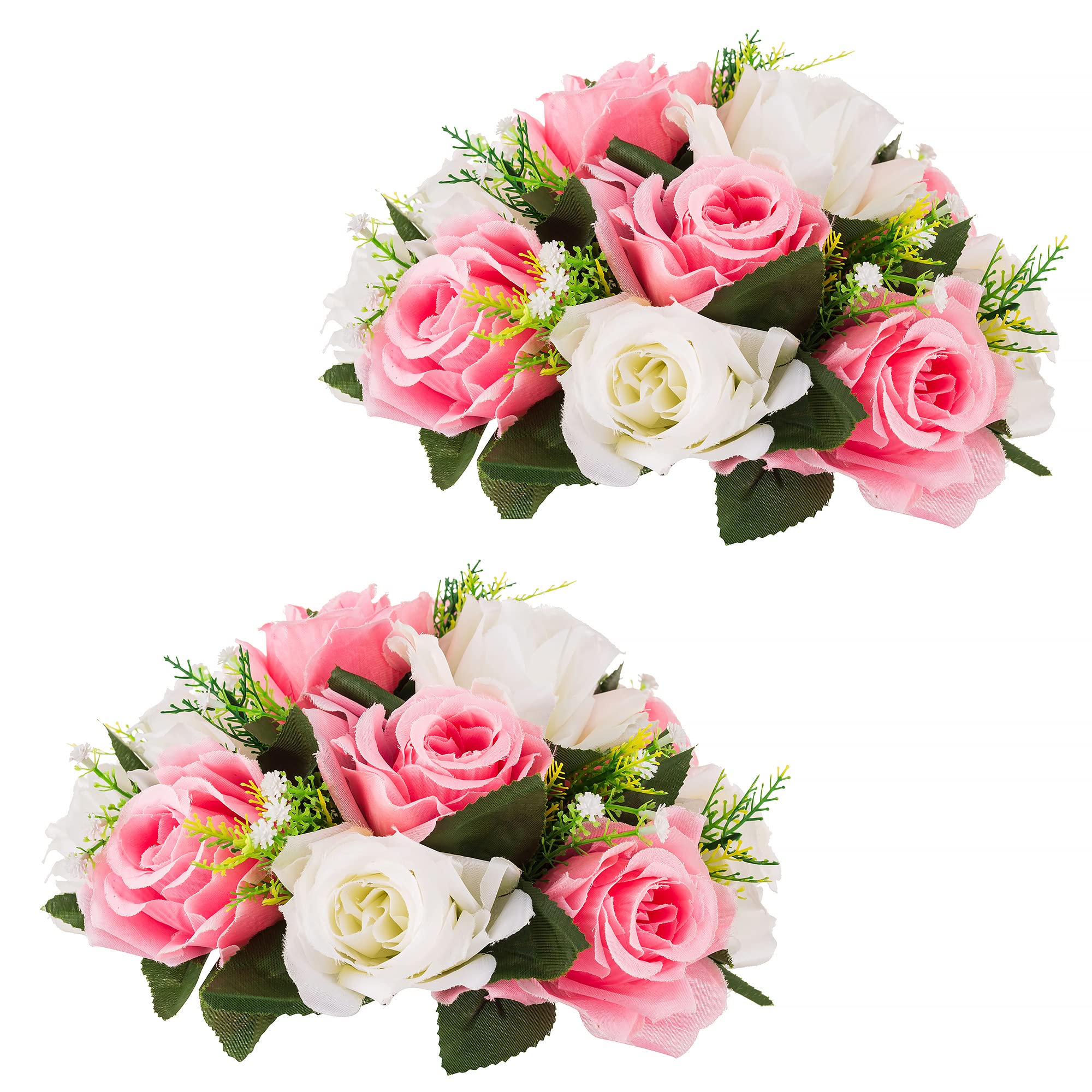 Inweder Wedding Flower Balls for Centerpieces - 2 Pcs Artificial Flower Ball Arrangement Bouquet Fake Flowers Silk Rose Balls with Base for Weddings Table Party Home Room Decor Pink & White