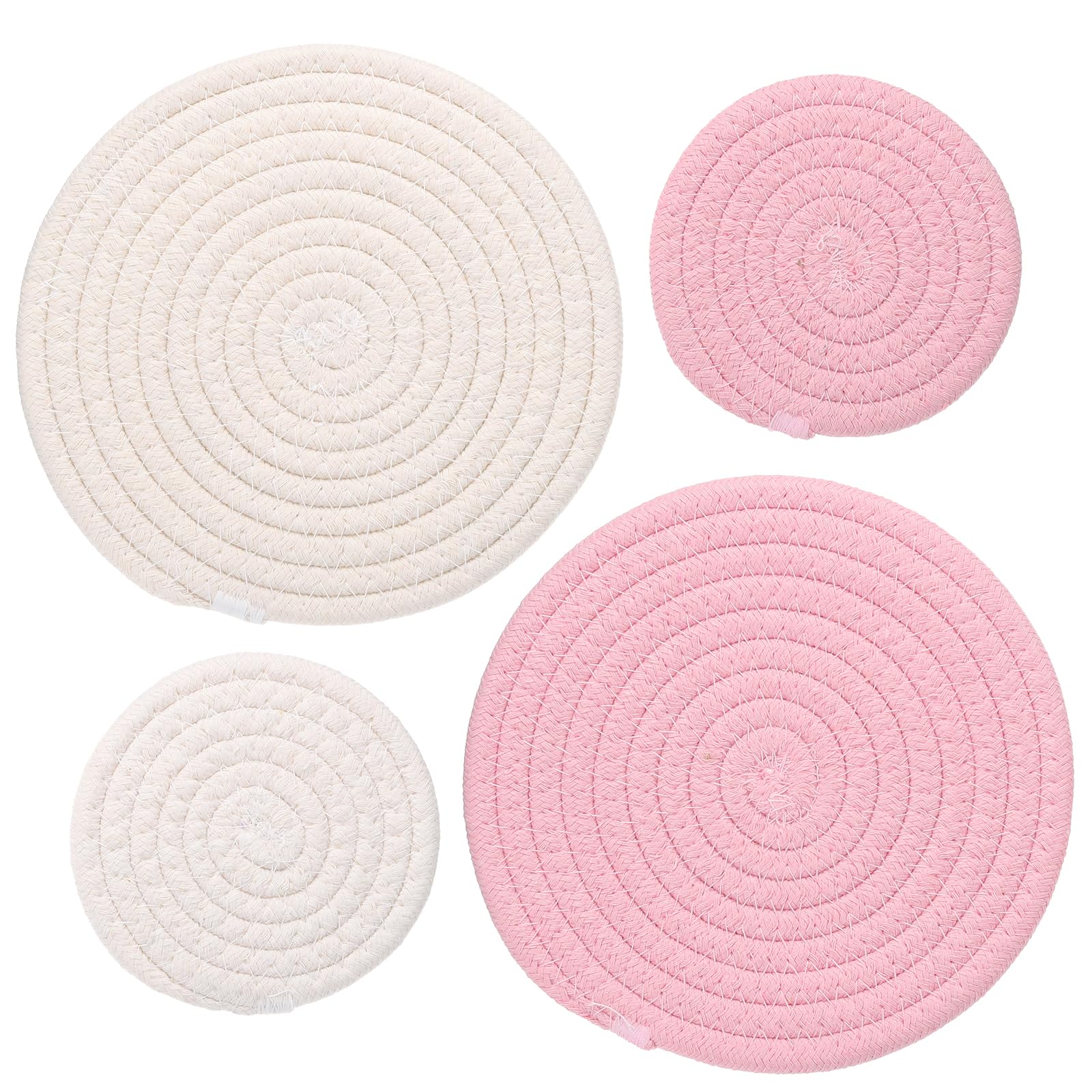 PATIKIL Plant Coasters 4 Inch 7 Inch, 4 Pcs Woven Plant Mat Round Pads Set for House Indoor Outdoor Gardening Pot Kitchen Table, Pink & White