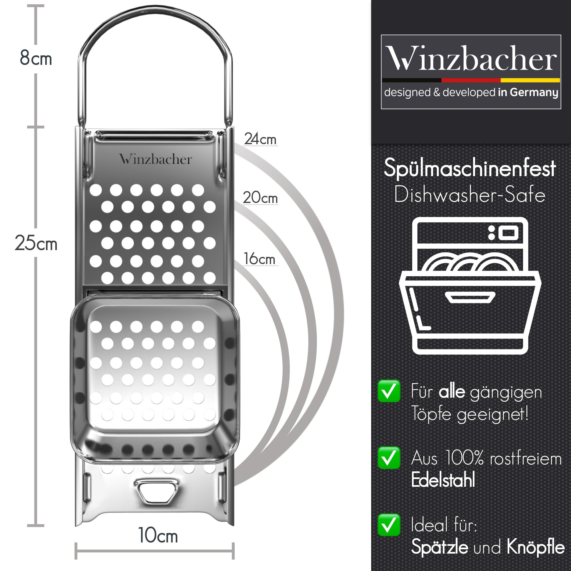Winzbacher Edelstahl Spätzlehobel mit Teigschlitten [Topf Ø von 16-30cm] Spülmaschinenfest | Rostfrei | Spätzlereibe, Spätzlesieb, Spätzlepresse | für Spätzle & Knöpfle 2