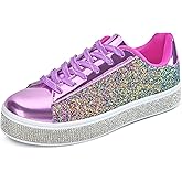 UUBARIS Women's Glitter Tennis Sneakers Neon Dressy Sparkly Sneakers Rhinestone Bling Wedding Bridal Shoes Shiny Sequin Shoes