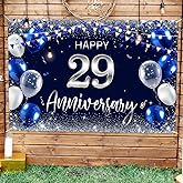 Happy 29th Anniversary Backdrop Banner Decor Navy Blue – Silver Glitter Happy 29 Years Wedding Anniversary Party Theme Decorations for Women Men Supplies