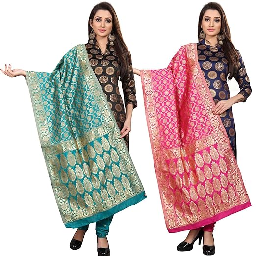 Anand Sarees Green & Pink Jacquard Silk Woven Dupatta for Women(Pack Of 2)