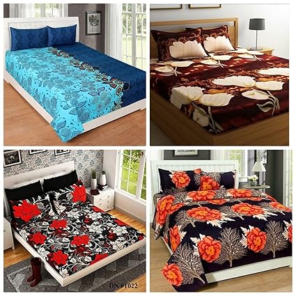 RS Home Furnishing Glace Cotton Double Bedsheet with 8 Pillow Covers Combo (Multicolour) - Set of 4