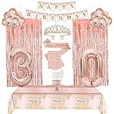 30th Birthday Decorations for Her, JKIYT Rose Gold Happy 30 Years Old Decor for Women Include Sash and Crown, 50pcs Balloons Banner 40" Number Balloons Tablecloth, Backdrop Cake Topper & Birthday Card