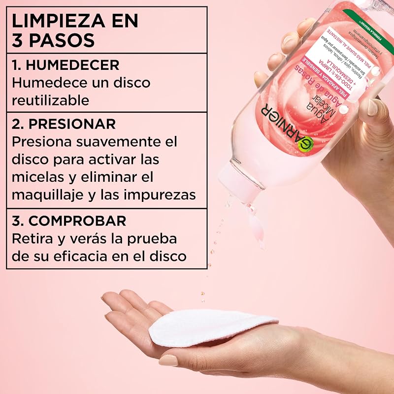 Garnier skin active micellar water com rose water para peles baças e sensíveis, remove a maquilhagem, limpa e ilumina num único gesto, adequado para rosto, lábios e olhos, incolor, 400 ml