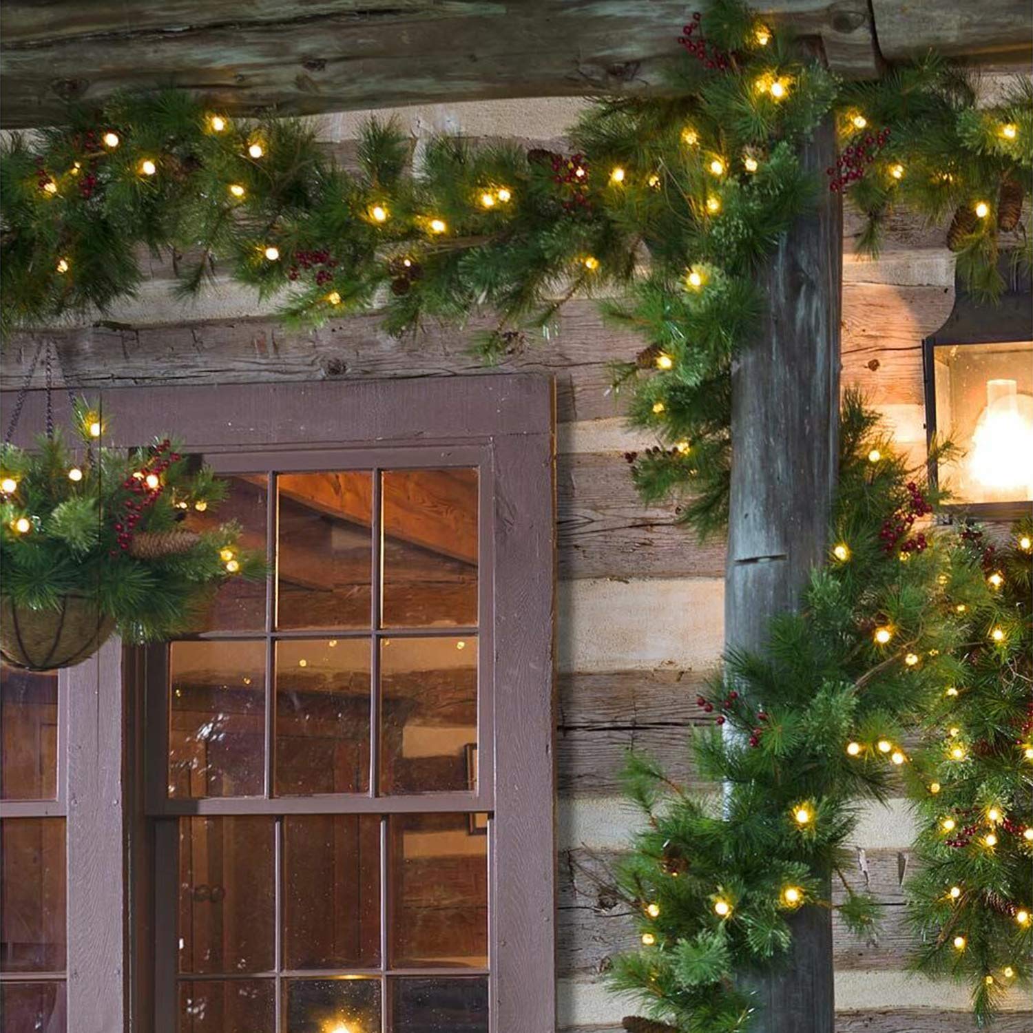 Hykolity 9 Ft Pre Lit Artificial Christmas Garland For Mantel Staircase Banister Flocked With Pinecones Red Berries And 50 Warm White Lights Amazon In Home Kitchen Pre Lit Bannister Christmas Garland