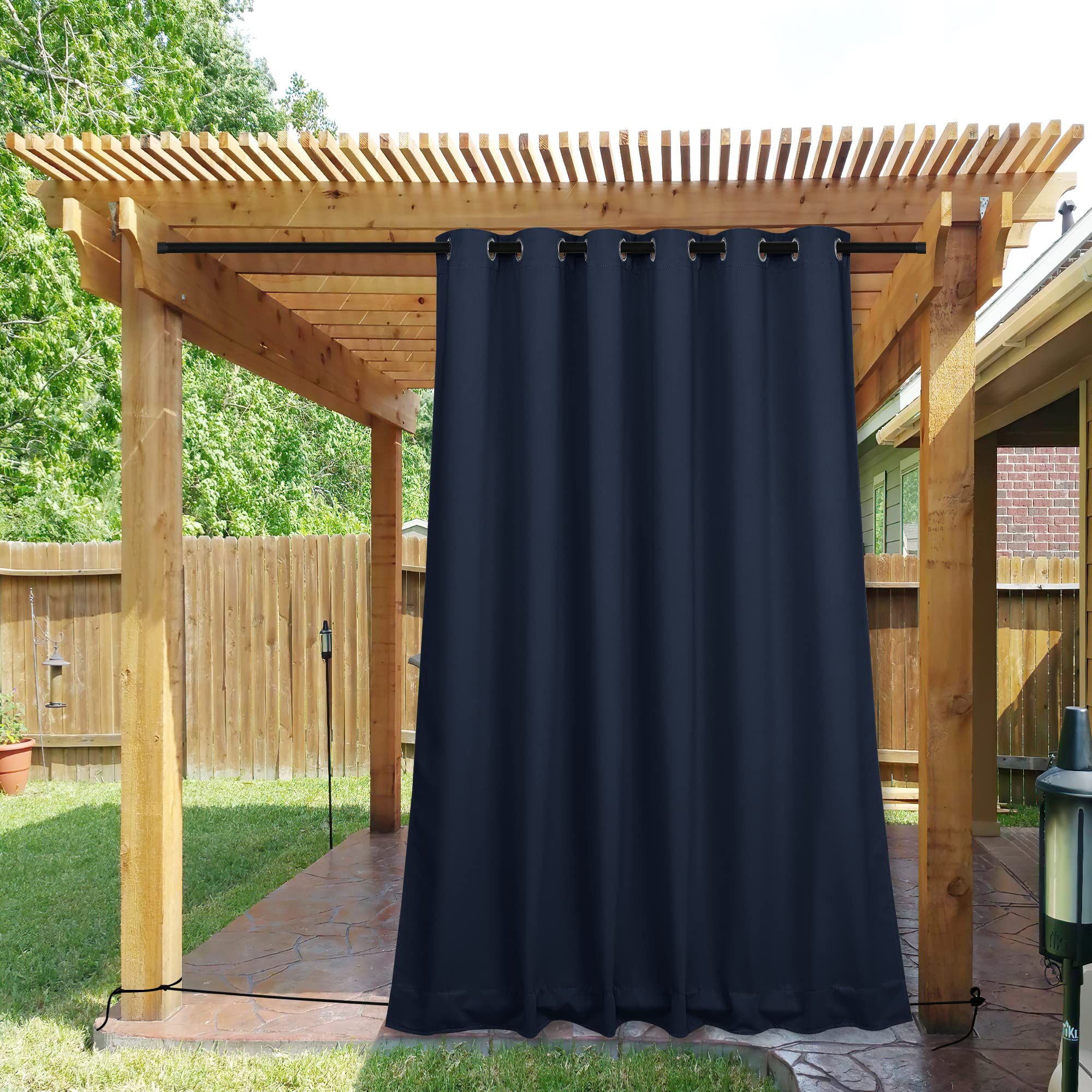 NICETOWN 2 Panels Outdoor Curtains Waterproof Extra Long 84" for Patio, Windproof Top & Bottom Grommet & Back Tab Weighted Blackout Outdoor drapes Keep Privacy with Rope for Fixed, 84" Wide, Navy Blue Image