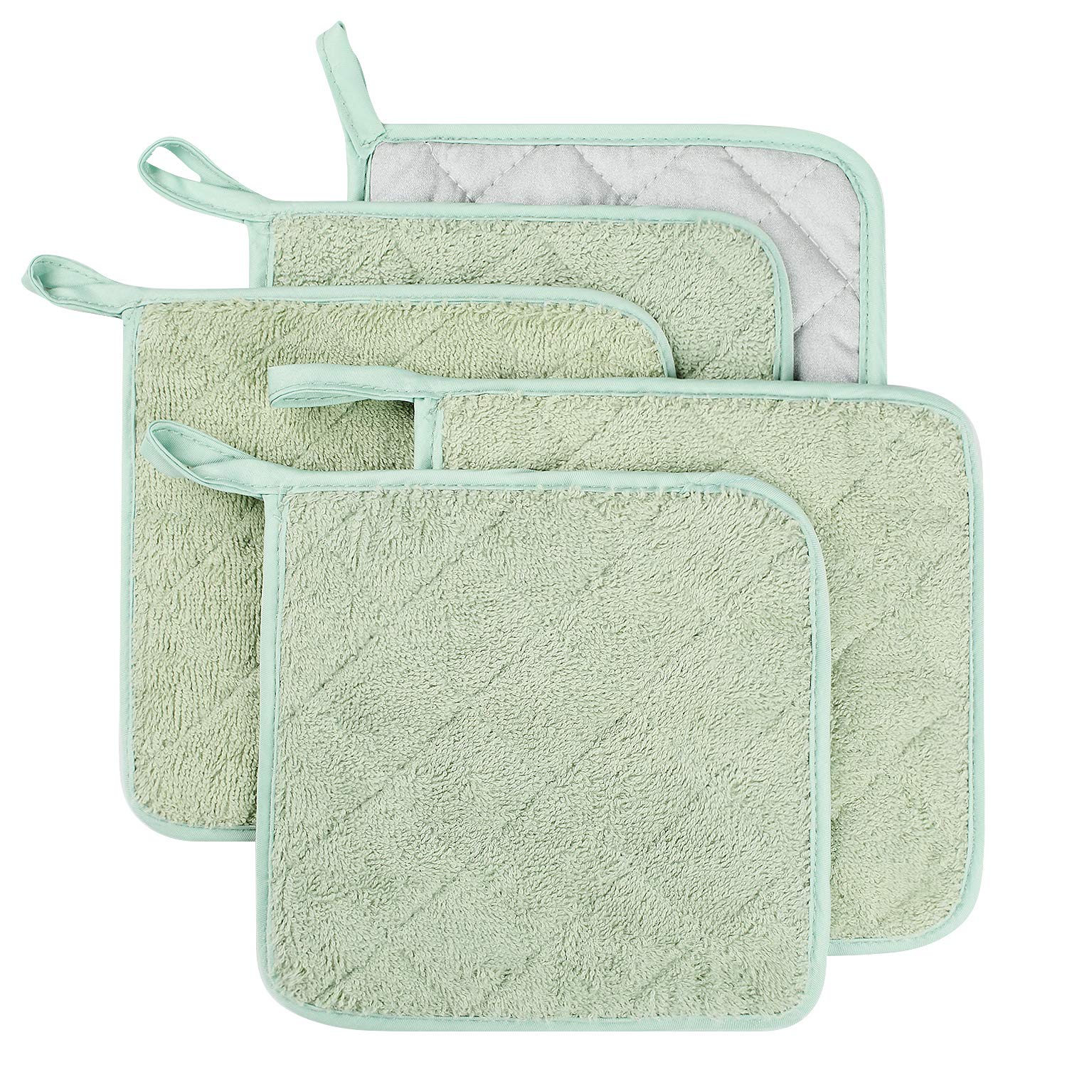 Lifaith 100% Cotton Kitchen Everyday Basic Terry Pot holder Heat Resistant Coaster Potholder for Cooking and Baking Set of 5 Mint Green