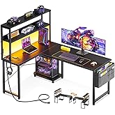 ODK 53 Inch L Shaped Gaming Desk with LED Lighting, Reversible Desk with Power Outlets, Cornor Computer Table with Storage Sh