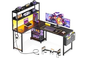 ODK 53 Inch L Shaped Desk with LED Lighting, Reversible Gaming Desk with Power Outlets, Cornor Computer Table with Storage Shelves & Bag & Iron Hook, Home Office Table for Writing, Study, Black