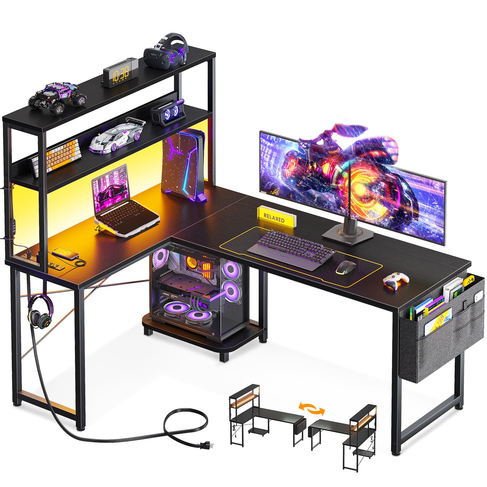 Photo 1 of ODK 53 Inch L Shaped Desk with LED Lighting, Reversible Gaming Desk with Power Outlets, Cornor Computer Table with Storage Shelves & Bag & Iron Hook, Home Office Table for Writing, Study, Black
partial set