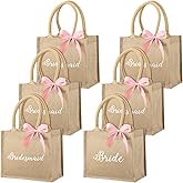 Saintrygo 6 Pack Bridesmaid Tote Bags Bridesmaid Gift Jute Burlap Tote Bags with Handles Bride Pink Ribbons for Wedding (9.84 x 7.87 x 4.92'')