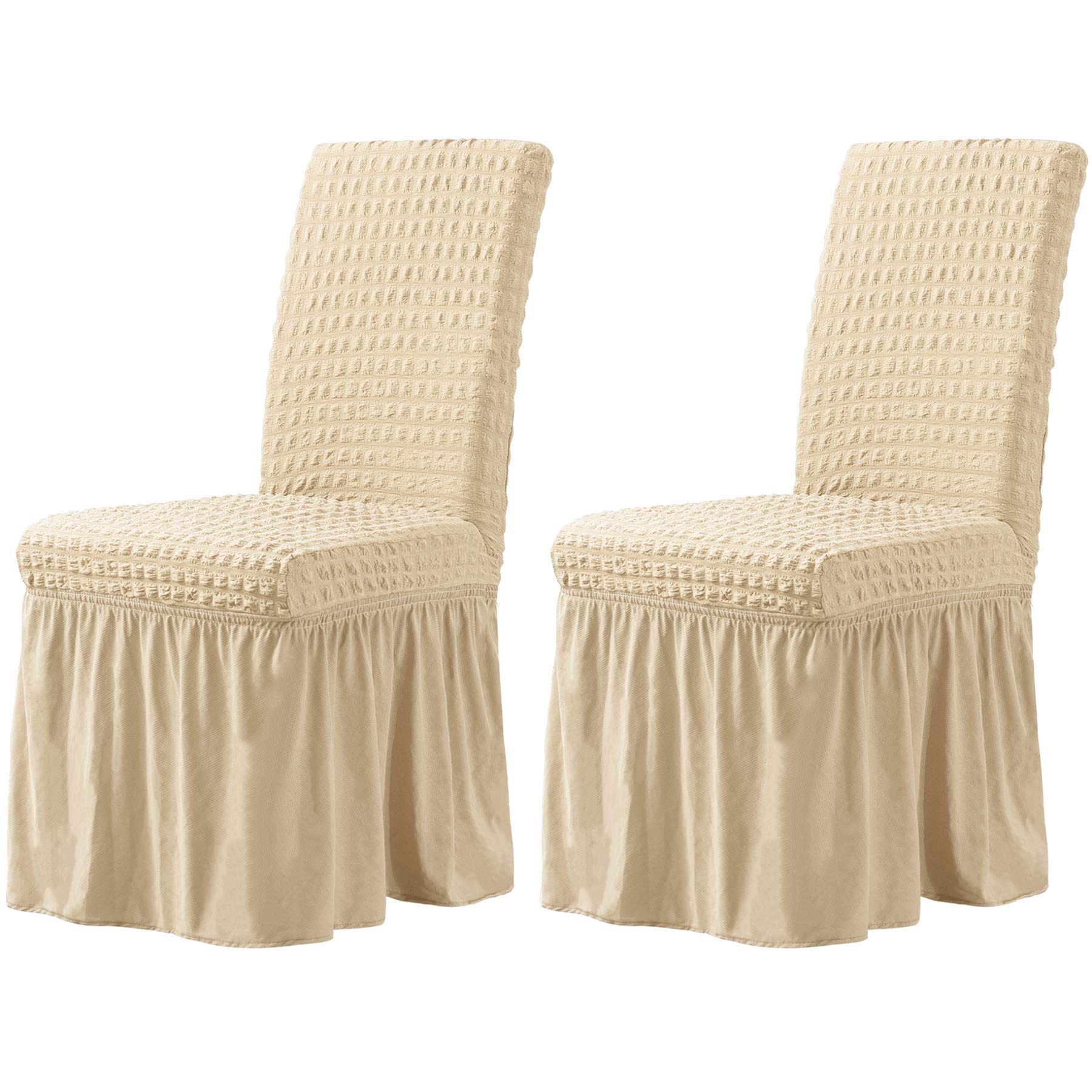 TOYABR 2PCS Stretch Dining Chair Covers with Skirt Spandex Dining Room Chair Cover, Washable Removable Furniture Protector for Home Ceremony Banquet Wedding Party (2PCS, Light Khaki)