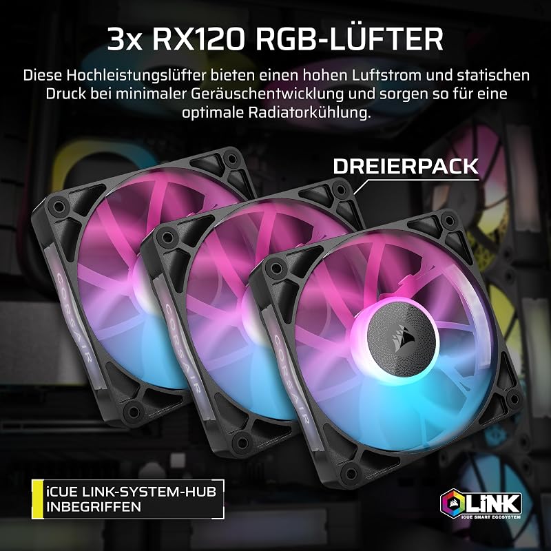 iCUE LINK XH505i RX 360 RGB Individuelles Kühlungs-Kit – XC7 ELITE CPU-Wasserblock, XD6 ELITE-Pumpenreservoir, 3x RX120 RGB-Lüfter, XR5 360-mm-Radiator, iCUE LINK-Systemhub - Schwarz