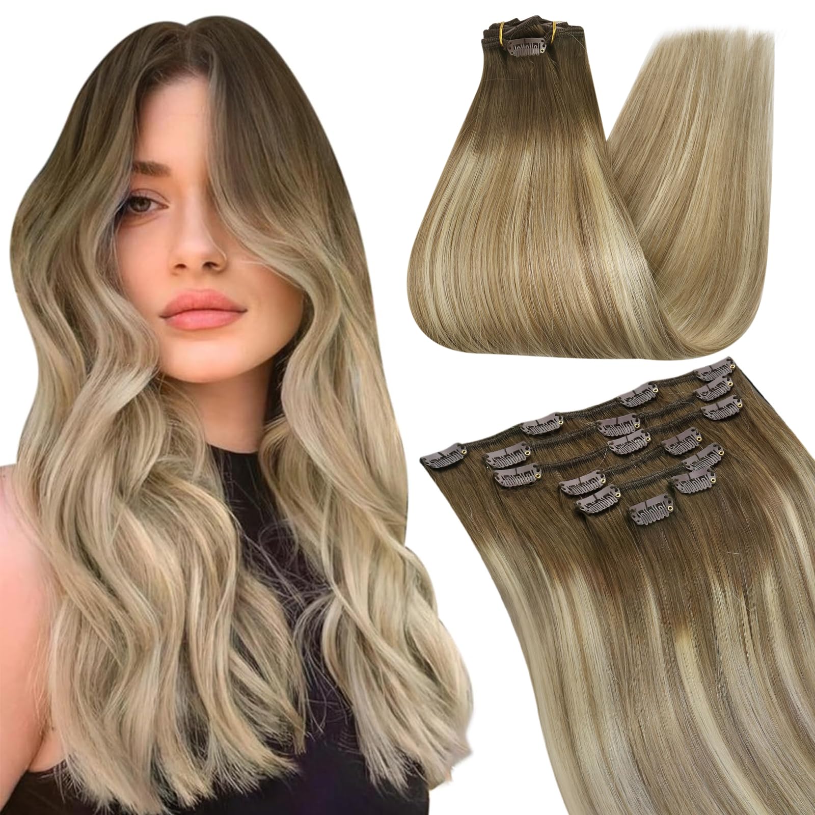 Ugeat Balayage Clip in Hair Extensions Brown Real Human Hair Extensions Clip ins Dark Brown Balayage Light Brown Mix Medium Blonde Softness 7pcs 105g 14 Inch โ image 1
