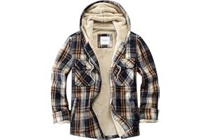 Veusna Men's Zip Up Flannel Shirt Jacket Fleece Lined Long Sleeve Plaid Coat Heavyweight Hoodie with Hood