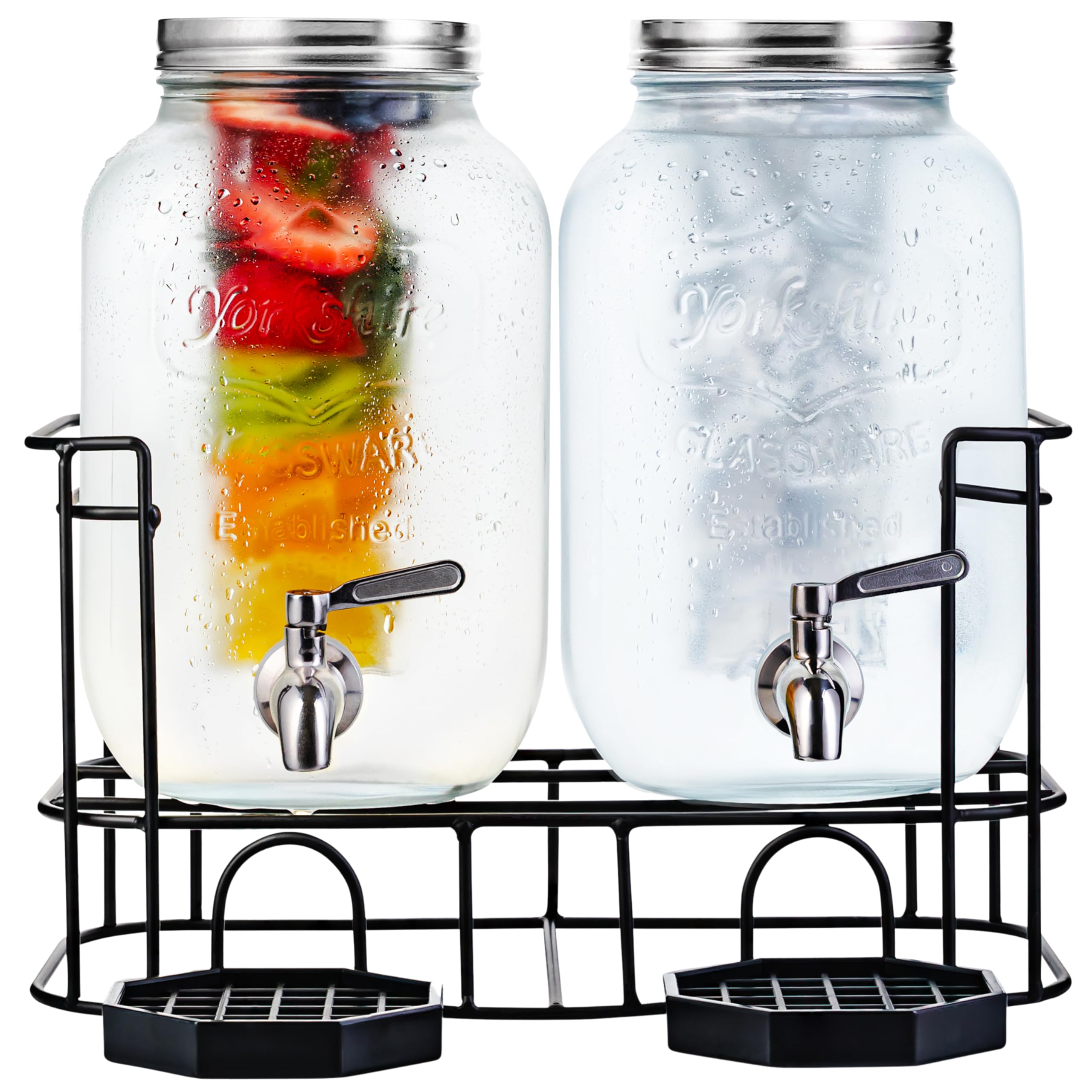 Photo 1 of Kitchentoolz Dual Gallon Glass Beverage Dispensers with Fruit Infuser & Ice Insert – Stainless Steel Spigots, Metal Stand, and Drip Trays for Cold Drinks & Flavored Water