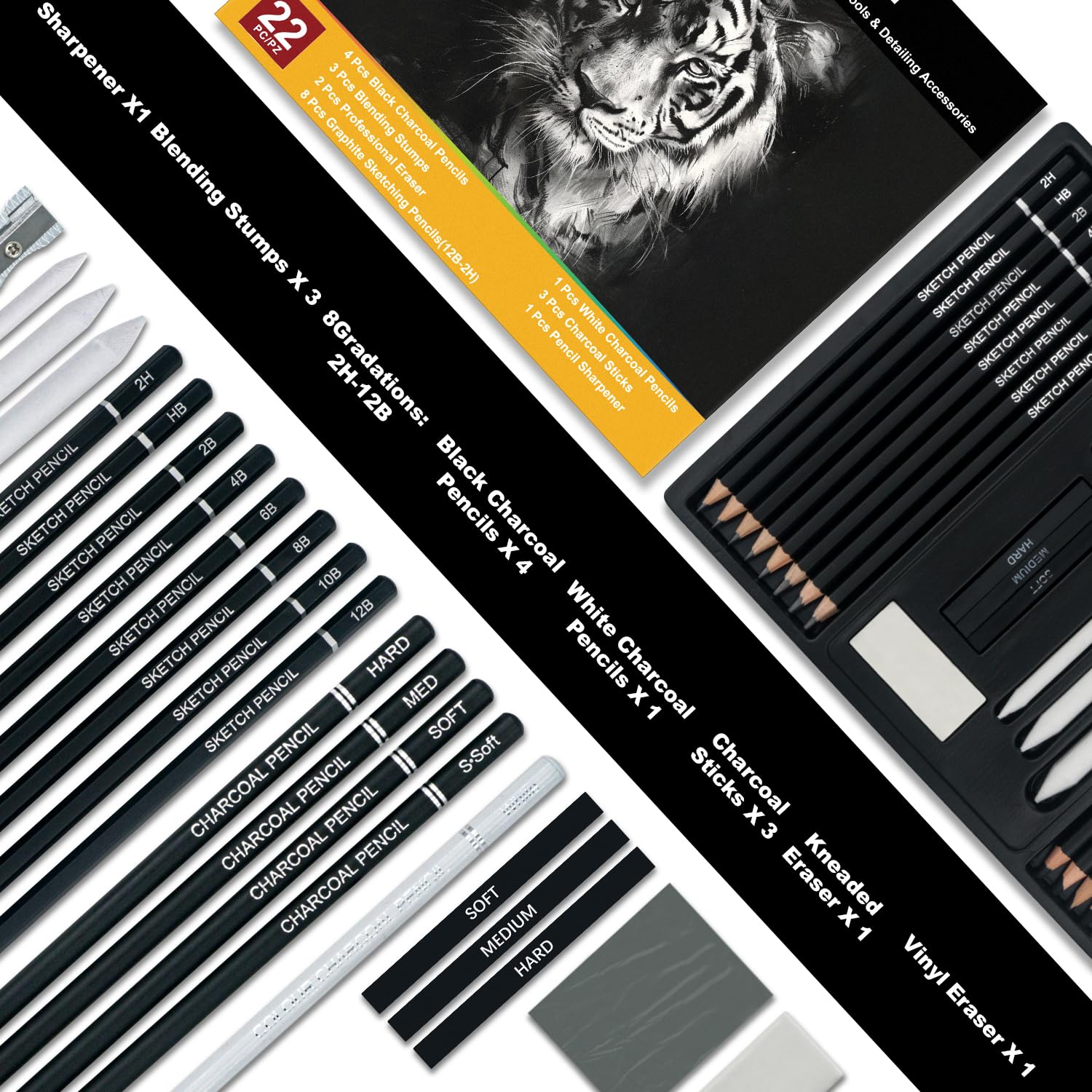 Charcoal Pencils for Drawing, Set of 22, Professional Drawing Sketch Pencils, Charcoal Art Supplies for Sketching, Shading, Artist Charcoal Supplies for Beginners & Pro Artists.