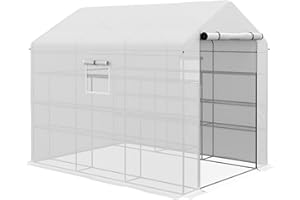 Outsunny 8' x 6' x 7' Walk-in Greenhouse with Mesh Door and Windows, 18 Shelf Hot House with Trellis, Plant Labels, UV Protective for Growing Flowers, Herbs, Vegetables, Saplings, White