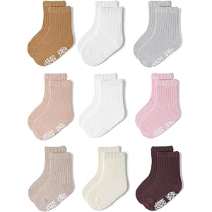 JAKIDAR Baby Toddler Crew Socks, Non Slip Sole Combed Cotton for Boy Girl 9 Pairs