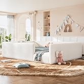 KEIKI Full Size Corduroy Low Floor Bed with Full Length Guardrails, Beige | Modern Upholstered Floor Bed Frame with Solid Slats, for Boys and Girls, No Box Spring Required, Easy Assembly, for Bedroom