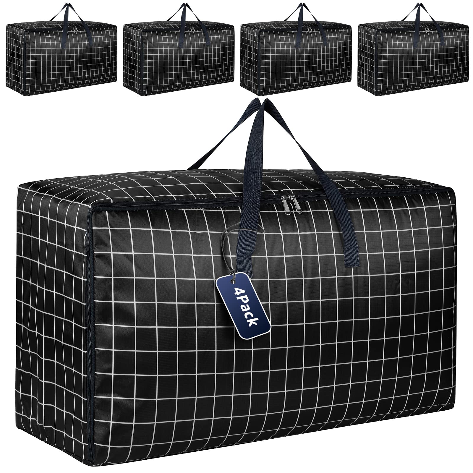 wsryx 4 Pack Extra Large Storage Box with Lids for Moving House, Wardrobe Heavy Duty Laundry Storage Bags with Zips for Clothes, Strong Organiser Packing Boxes (black)