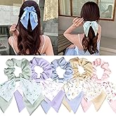 Generic 5 Pcs Floral Hair Scarf Scrunchies Bowknot Ribbon Hand Elastic Ropes Ponytail Holder Long Tails Hair Ties for Women Girls Vintage Hair Accessories