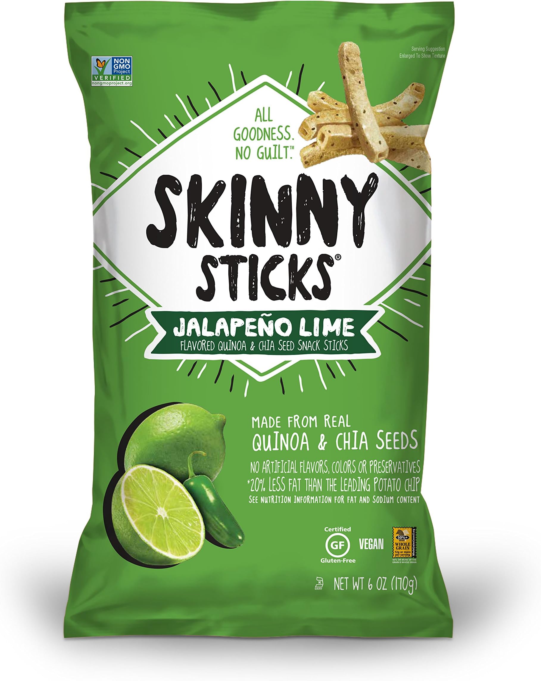 Skinny Sticks Quinoa & Chia Seed Snack, Jalapeno Lime, 6 Ounce (Pack of 6)